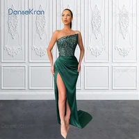 dark green sequin mermaid evening dresses 2022 for women sexy strapless ruched formal dress with high side slit and lace up back