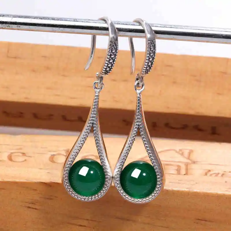 ZHJIASHUN 100% 925 Sterling Silver Drop Earrings, Vintage Gemstone Earring for Women, Agate Ball Jewelry