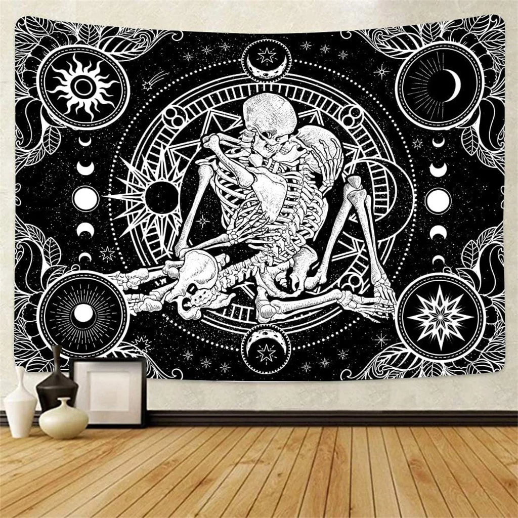 Skull Couple Wedding Tarot Gothic Bohemian Tapestry Wall Hanging Blanket Custom Vintage Fabric Psychedelic Bedroom Livingroom