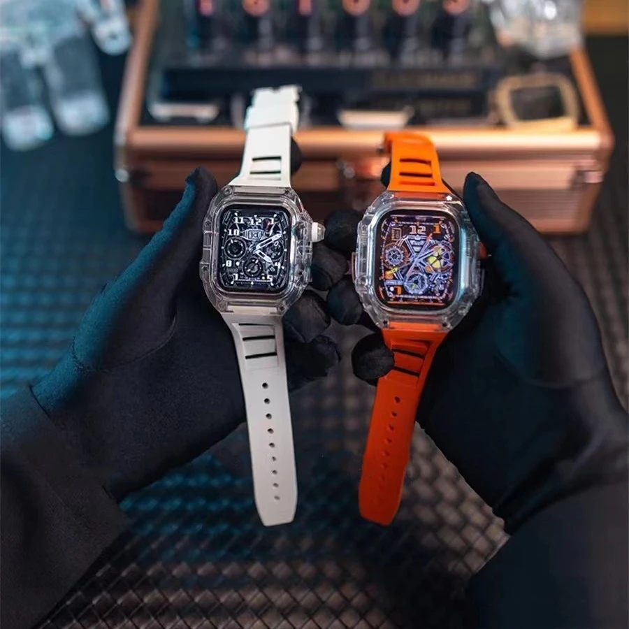 Transparent Mod Kit Case For Apple Watch 49mm 45MM 44MM Rubber Sports Band For iWatch Series Ultra 8 7 6 5 4 SE Silicone Strap