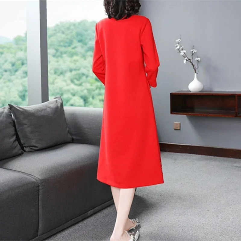 Красное платье-Ципао в китайском стиле с длинным рукавом зимнее теплое флисовое