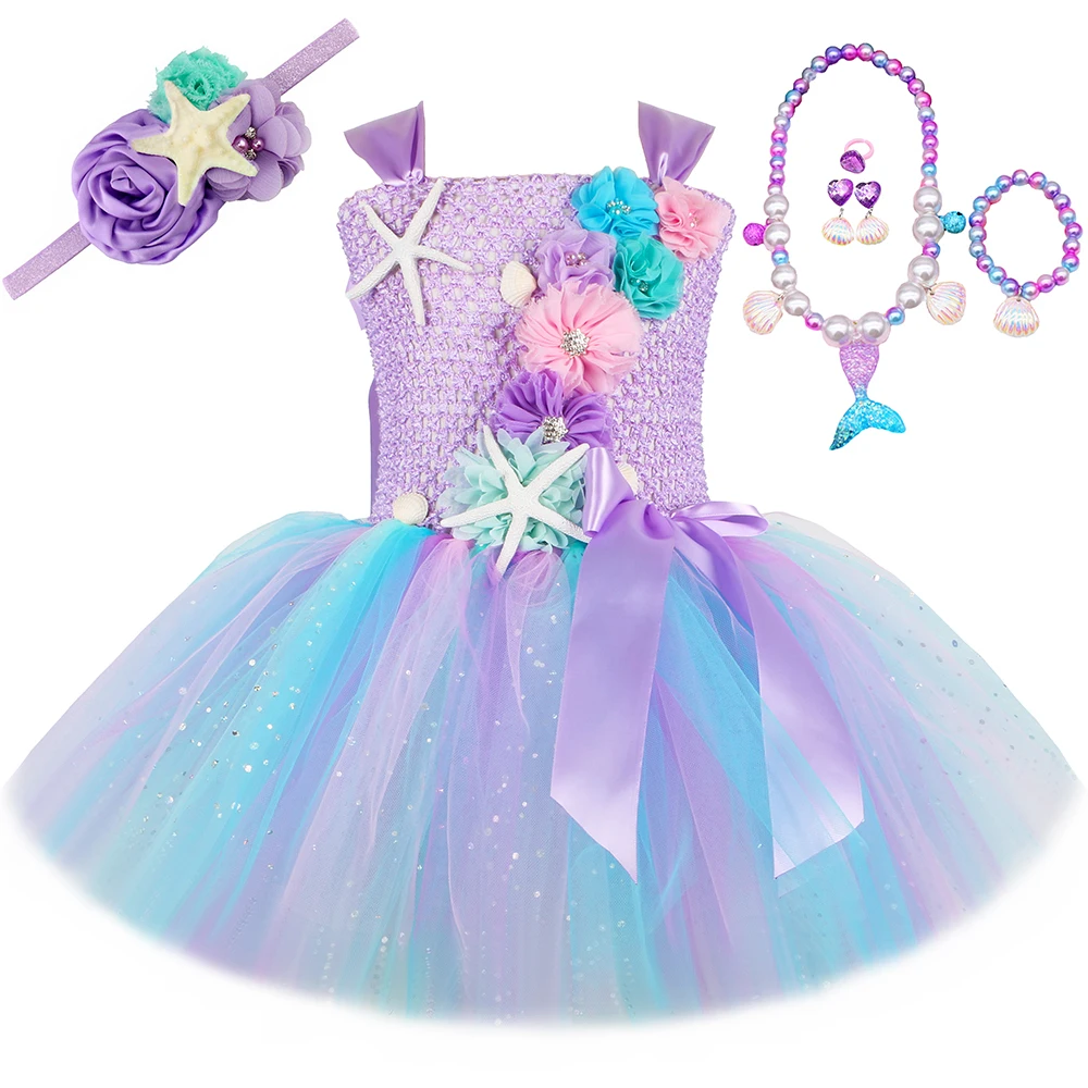 

Girls Princess Mermaid Tutu Dress Ocean Theme Birthday Ball Gown Sequins Starfish Flowers Kids Halloween Little Mermaid Costume