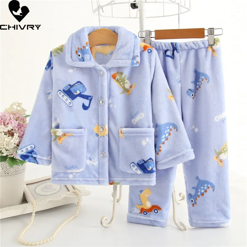 New 2022 Kids Flannel Pajama Sets Autumn Winter Boys Girls Warm Cartoon Long Sleeve Lapel Tops with Pants Sleeping Clothing Set