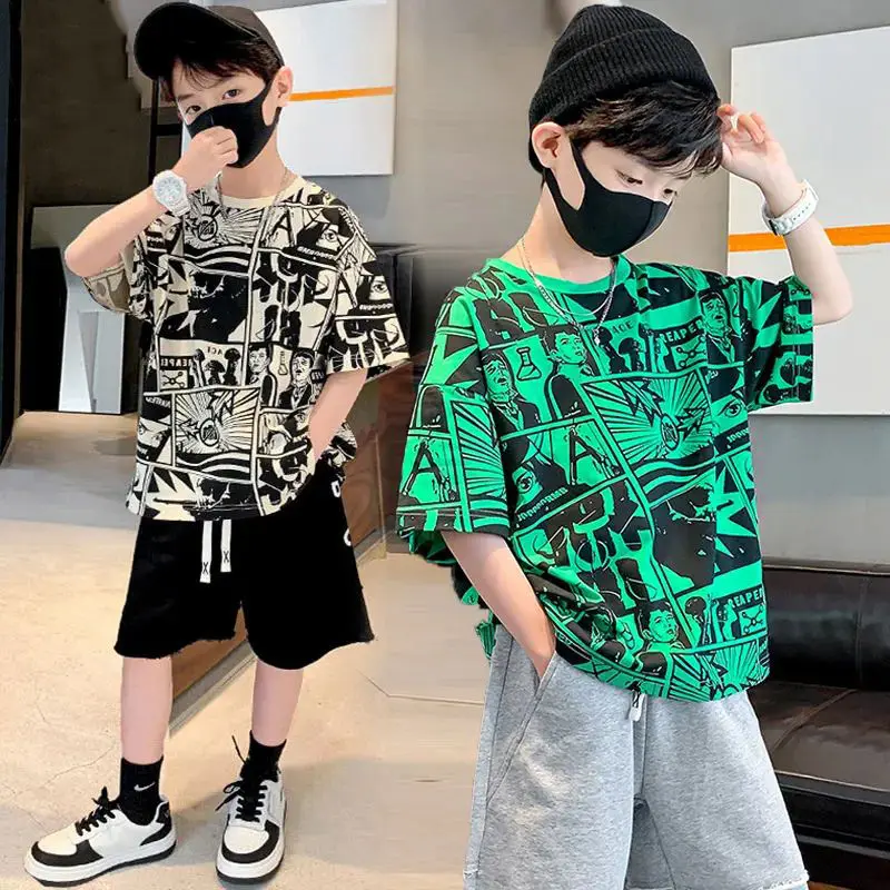 

Boys Summer Fashion Cotton T-shirts 2023 New Korean Style Anime Print Streetwear Tops For 3-13 Years Boys Kids Trendy Clothes