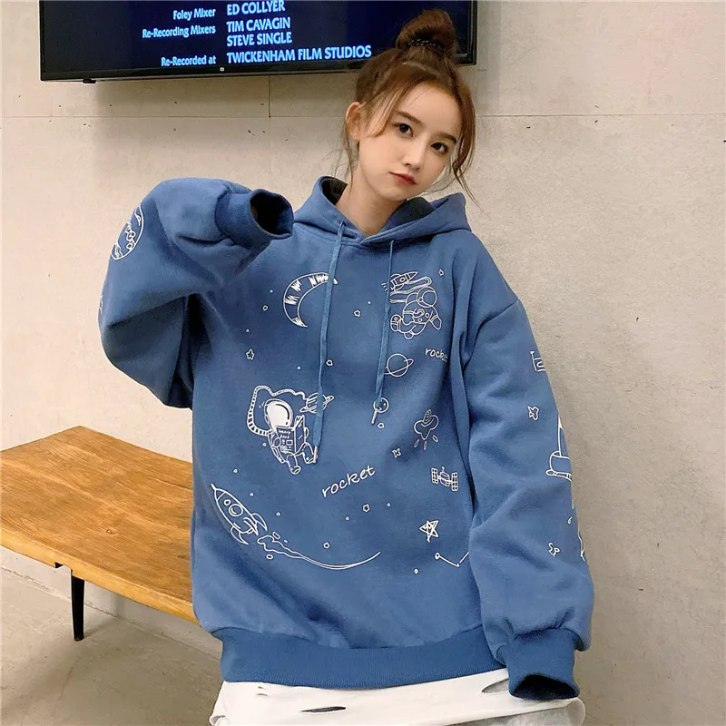 

Флисовые свитшоты, новинка 2021, пуловер, женский модный корейский Свободный пуловер для студентов, Толстая Женская куртка с капюшоном в стил...