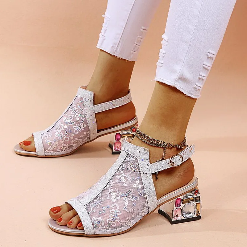 

Rhinestone Sandals High Heel Women Shoes Summer Bling Mesh Sandalias Lady Buckle Strap Mocassin Round Toe Beach Med heel Shoes