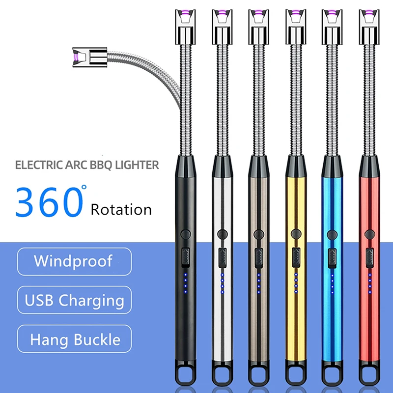 

360 Rotation Arc BBQ Lighter USB Kitchen Gas Stove Plasma Lighter Windproof Flameless Electric Candle Lighters with Hook Outdoor