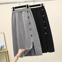 black grey split button long elastic waist elegant high waisted womens spring autumn winter skirts korean style fashion 2022
