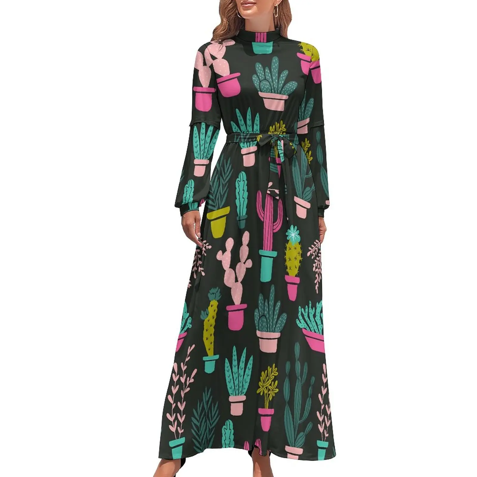 

Funny Cactus Dress Cacti Plants Print Elegant Graphic Maxi Dress High Waist Long Sleeve Street Style Beach Long Dresses