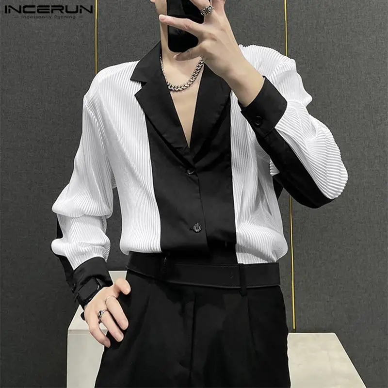 

Мужская рубашка в стиле пэчворк, плиссированная уличная одежда с отложным воротником и длинным рукавом, модная мужская одежда, Свободные корейские повседневные мужские рубашки, 2023