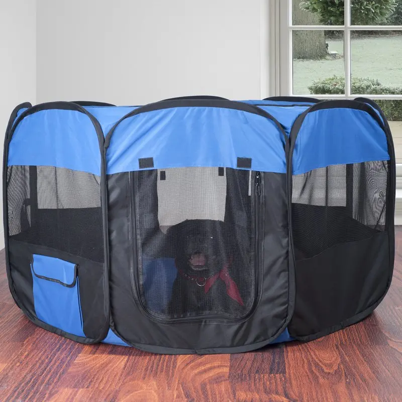

Pop-up Playpen - 42” x 25” Portable Octagon Exercise Enclosure with Zipper Top for Cats, Dogs and Small Animals, Blue/Black