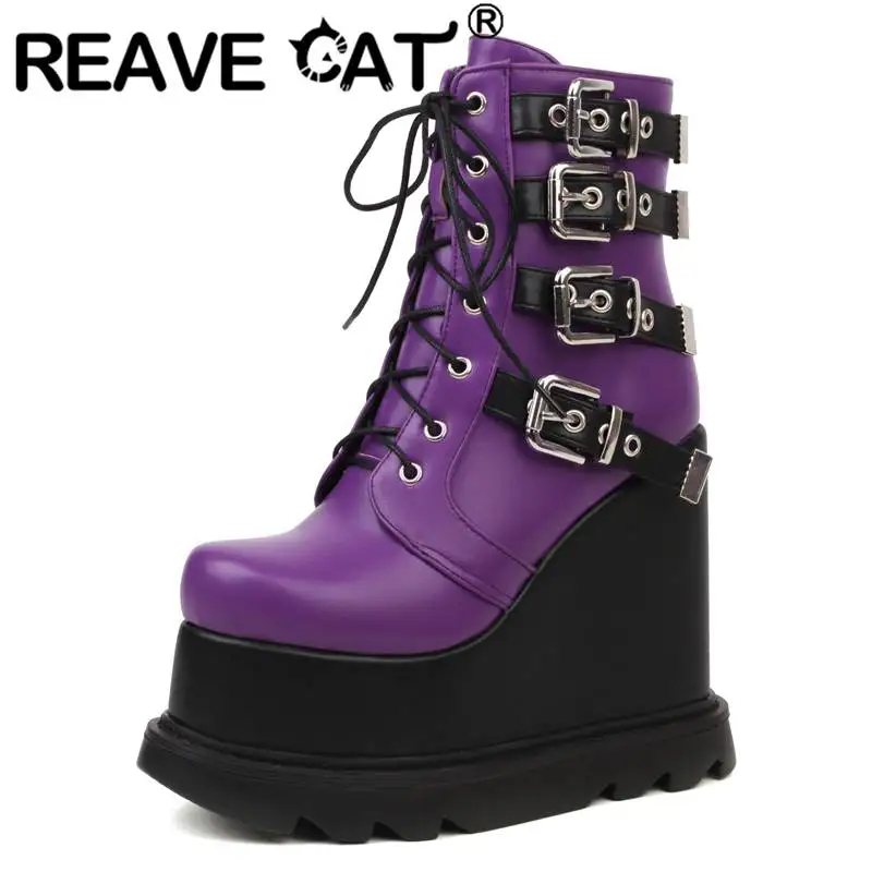 

REAVE CAT Woman Boots 13cm Round Toe Wedges High Heel 14cm Platform 6.5cm Zipper Lace Up Buckles Plus Size 43 Punk Street Shoes