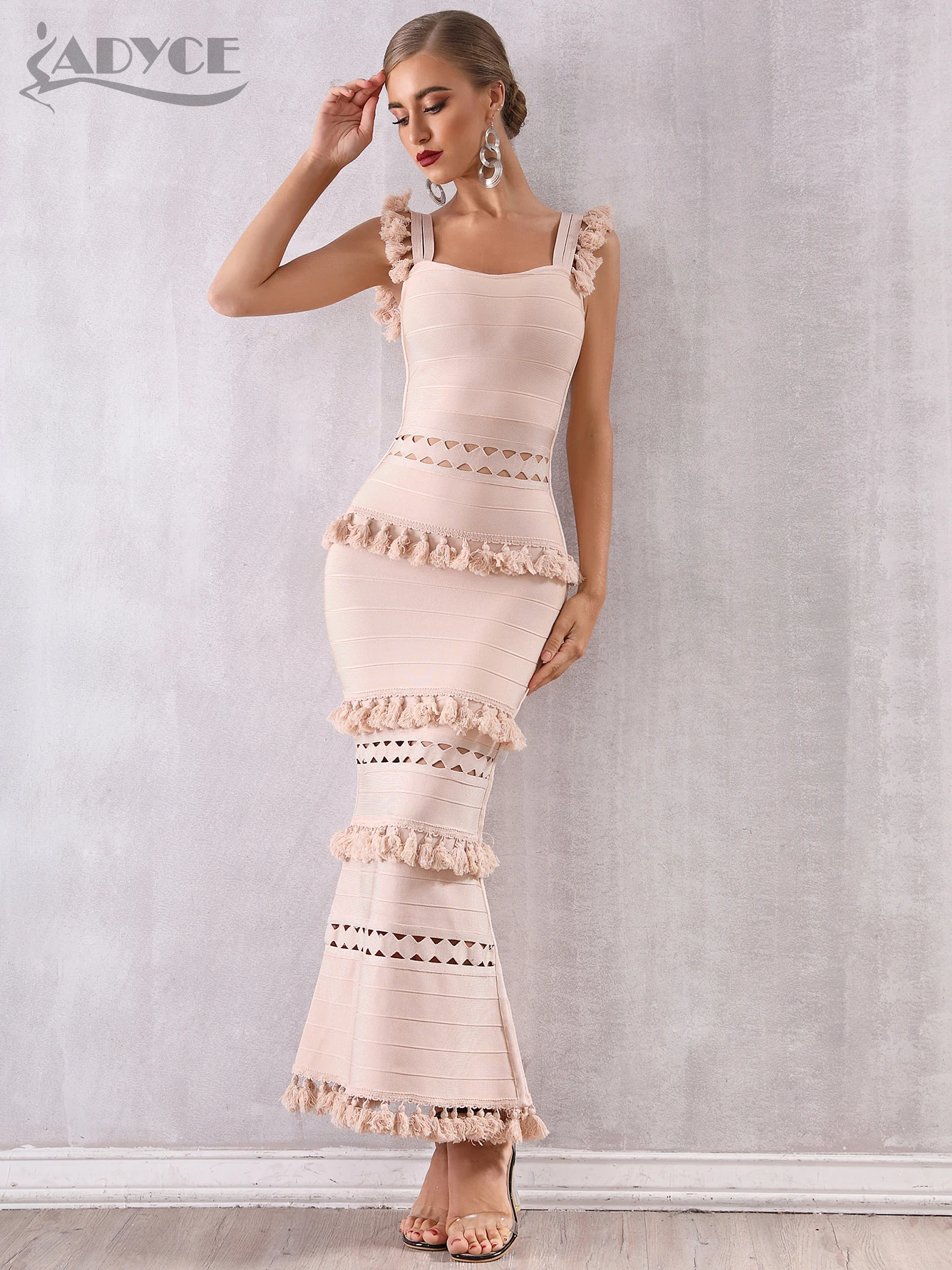 

Adyce 2022 New Summer Women Maxi Hollow Out Bandage Dress Sexy Sleeveless Tassel Club Dress Fringe Celebrity Evening Party Dress