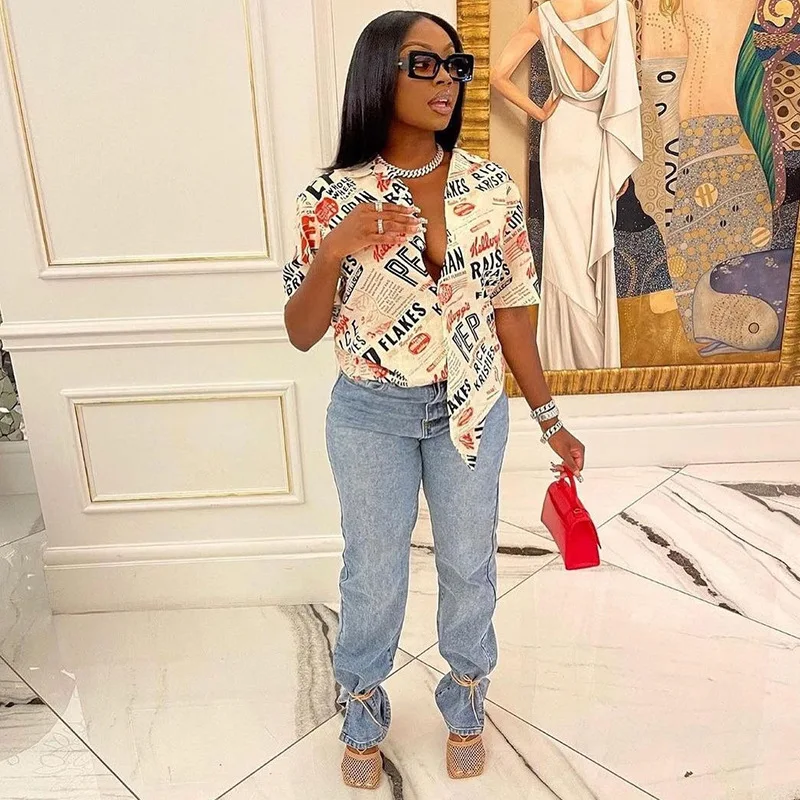 

Women Fashion 2022 Summer Baggy Clothes Button Up Short Sleeve Shirts Tops Cardigan Letter Print Blouses for