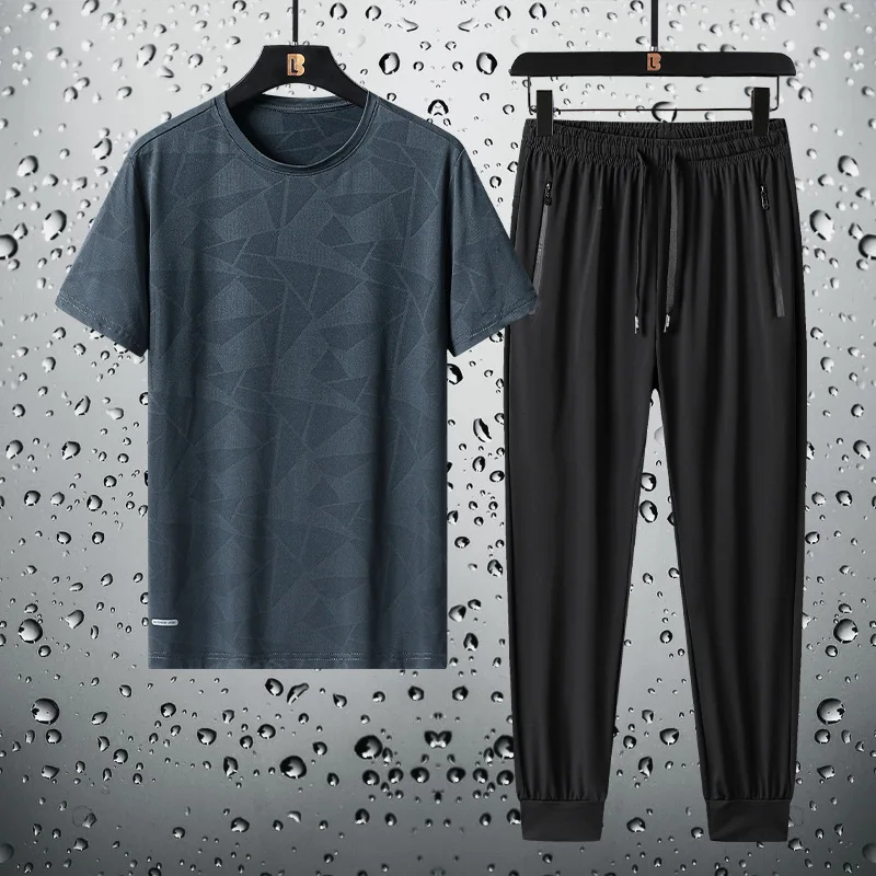 2023 Summer Men's Ice Silk Set Solid Color Round Neck Short Sleeve T-shirt+Pants Two Piece Set for Middle and Youth Sportswear