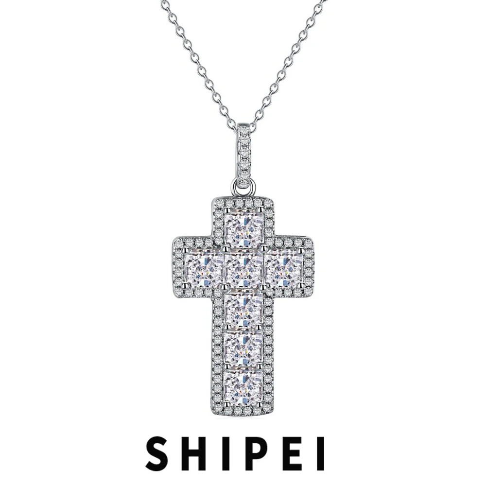 SHIPEI 925 Sterling Silver Crushed Ice Cut White Sapphire Pink Sapphire Gemstone Cross Pendant Necklace Anniversary Fine Jewelry