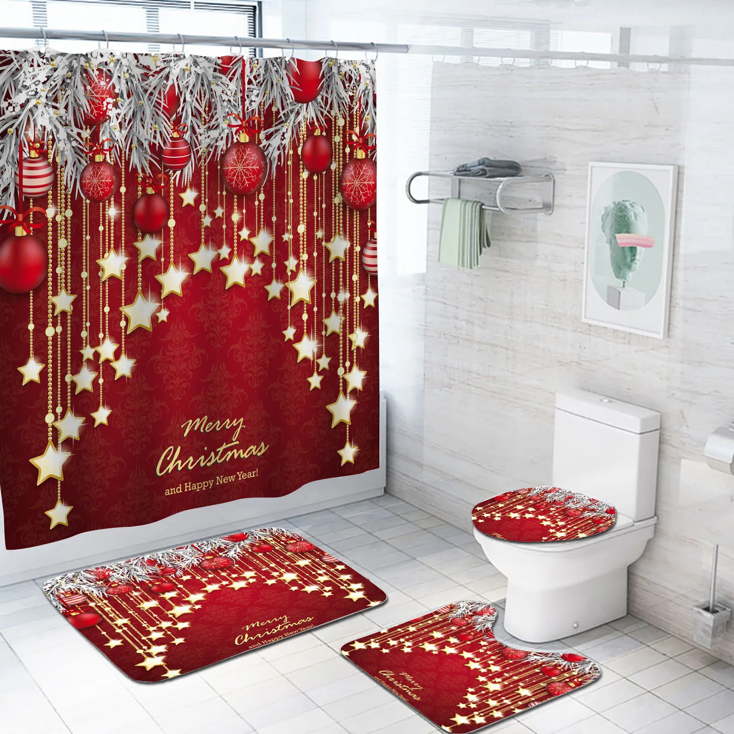 

Red Christmas Decoration Shower Curtain Modern Waterproof Polyester Bath Curtain Toilet Cover Mat Non Slip Rug Home Decor
