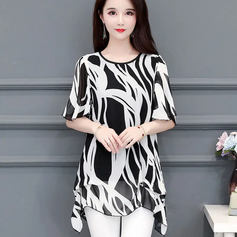

2022 Summer Fashion Women Chiffon Blouses O-neck Loose Women Tops Short Sleeve Casual Printed Women Clothing 5XL J390