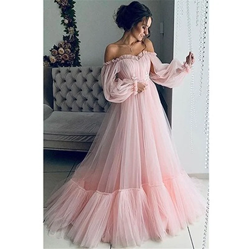 Elegant Off-Shoulder Ball Gown Women Pink Slash-Neck Comfort Mesh Formal Dress Bridesmaid Clothing Blue Floor-Length Party Robes