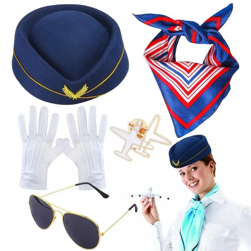 

Flight Attendant Costume Accessories Stewardess Airplane Badge Flight Attendant Sunglasses Gloves Airplane Badge Beret Blue Red