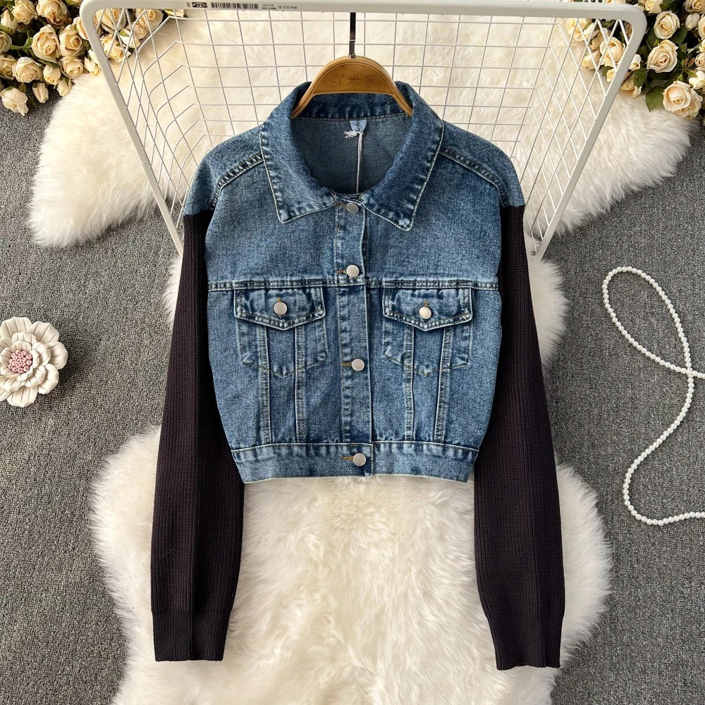

Искусственно Состаренный свитер джинсовая куртка в стиле ретро, женская короткая куртка в Корейском стиле на осень и зиму