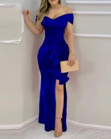elegant blue velvet party club split dress women 2022 summer fashion new sexy off shoulder high waist ruffle long dresses