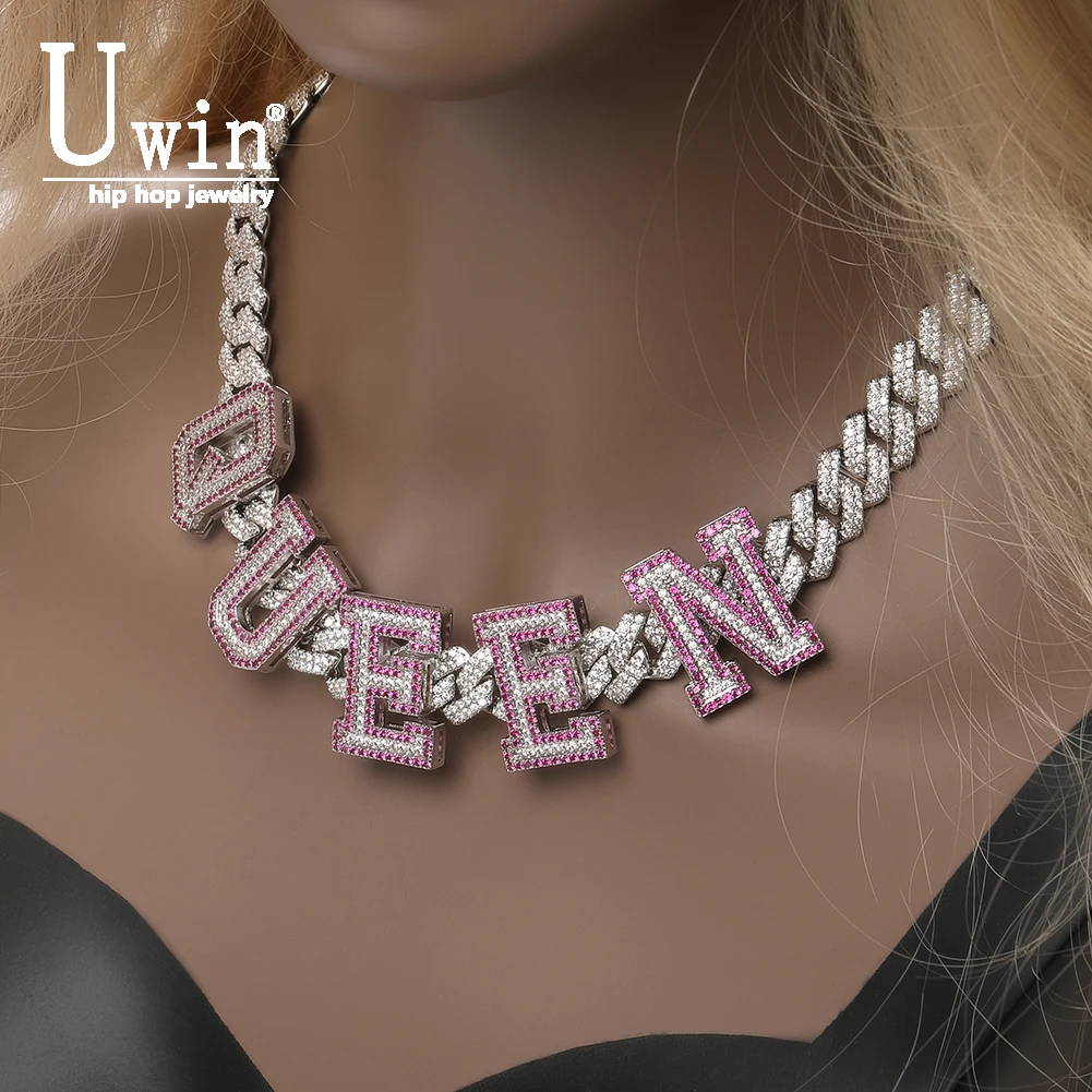 

Uwin Personalized Custom Big Letters Necklace For Women 13mm Cuban Chain Prong Setting Iced Out Cubic Zirconia Fashion Jewelry