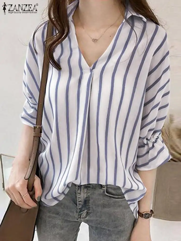

ZANZEA Fashion V Neck 3/4 Sleeve Blouse Women Summer Striped Shirt Casual Ruffles Blusas Loose Holiday Party Tops Oversize Mujer