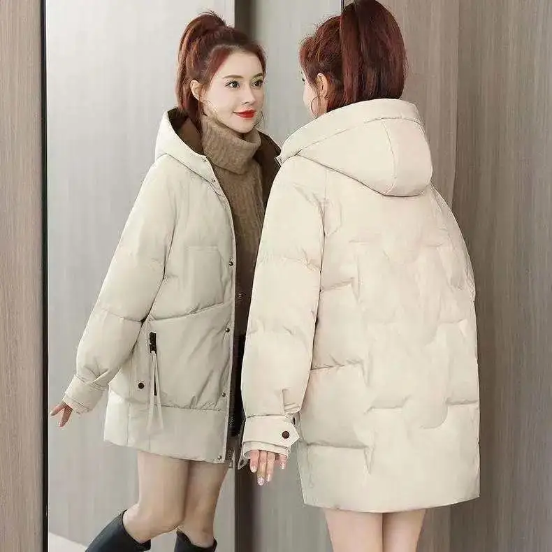 Winter Loose Hooded Cotton Padded Coat Women Warm Thin Parka Casua Mid-length Basic Solid Outwear Snow Jacket New Tops A11