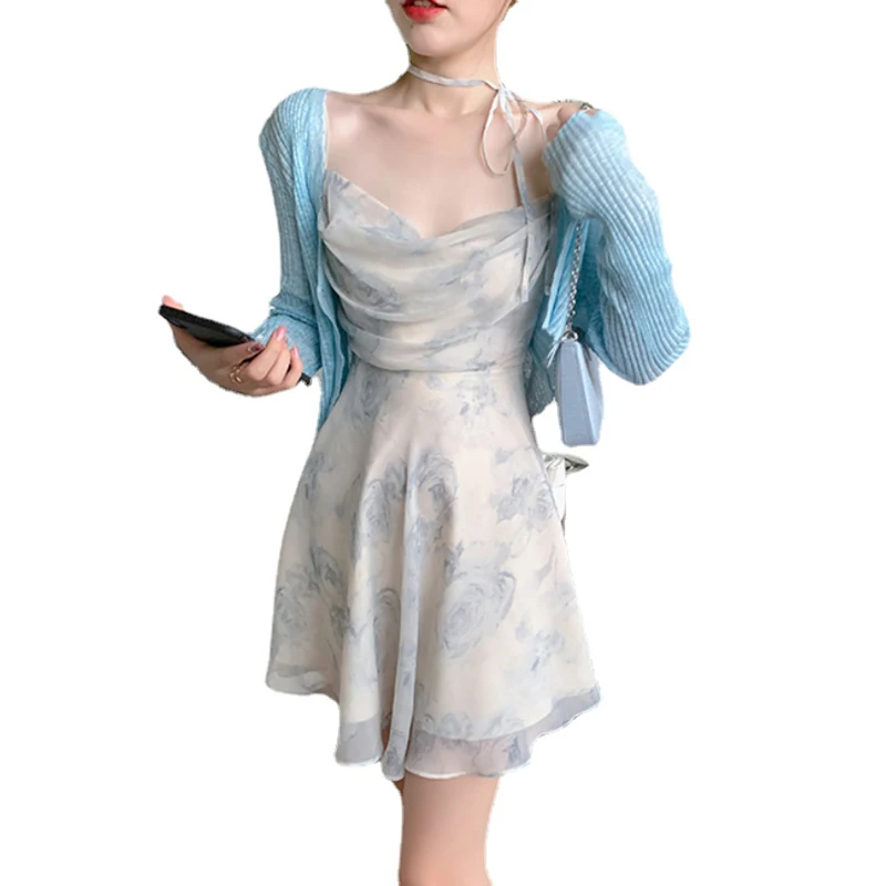 

Sexy V-Neck Spaghetti Straps Floral Thin Chiffon Dress Women Summer Backless Elastic High Waist Party Club Mini Dresses dress