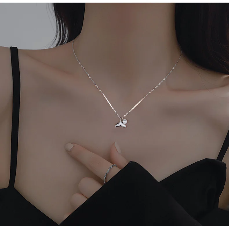 

S999 Pure Silver Fishtail Pearl Necklace Female Light Luxury Small White Fritillaria Pendant Spring and Summer Clavicle Chain