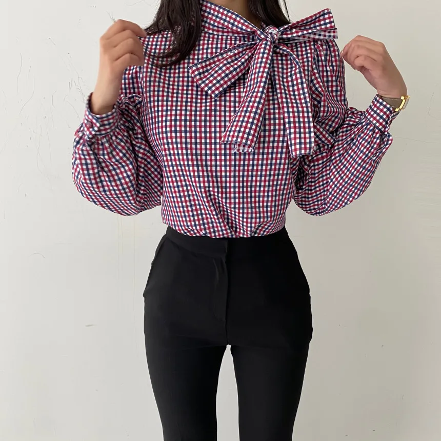 

Клетчатая блузка WTIANYUW, Элегантные Осенние женские топы с воротником-стойкой и бантом, новые корейские рубашки с пышными рукавами, 2021