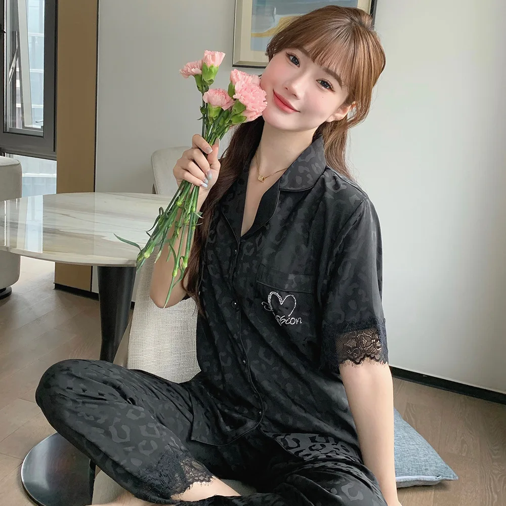 

Повседневные женские пижамные комплекты Jxgarb с кружевной отделкой и коротким рукавом, женские летние длинные брюки из ледяного шелка, модная одежда для сна