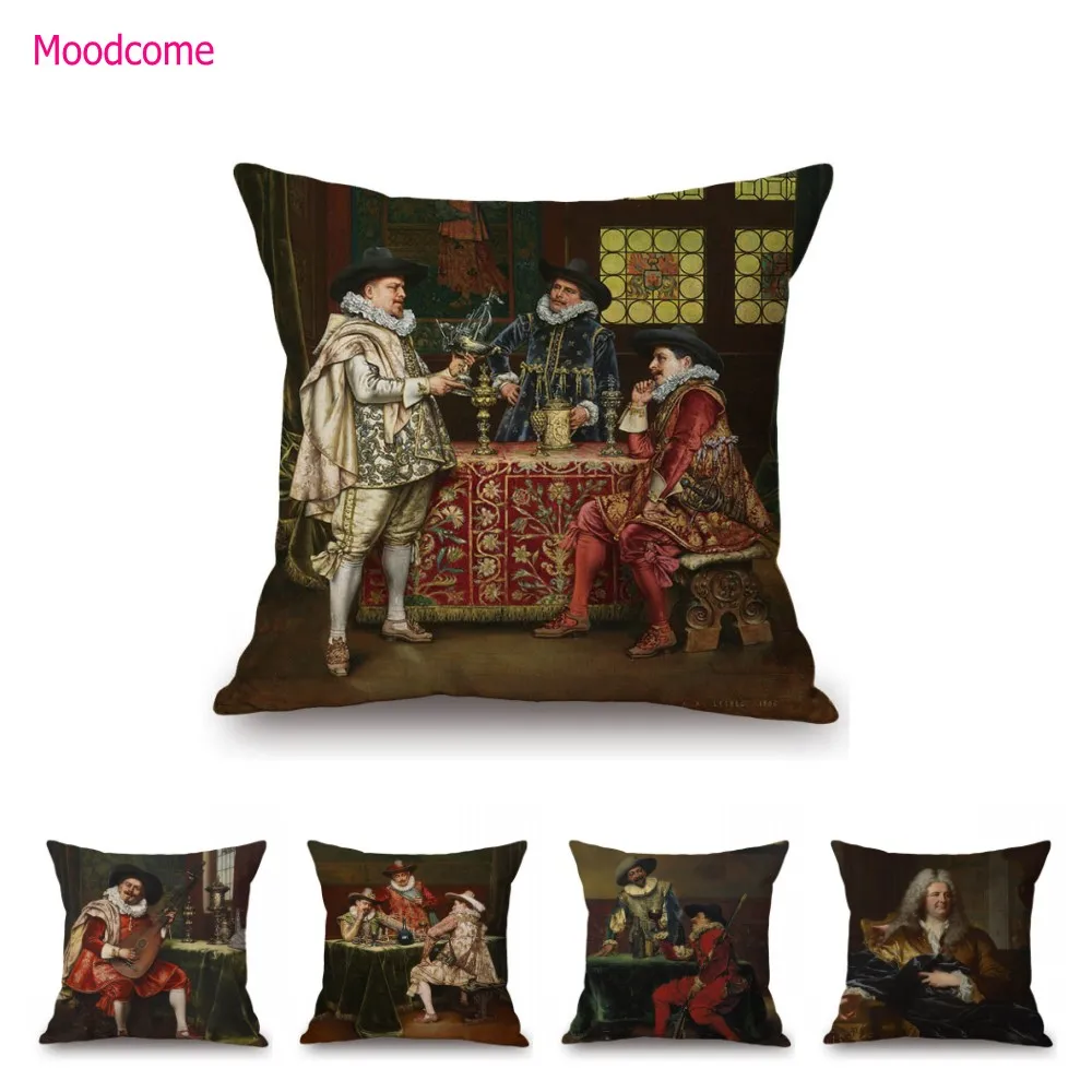 Ancient European Royal Court Gentlemen Dutch Duke Prince Parliament Portrait Oil Painting Cotton Linen Sofa Pillow Cushion Cover