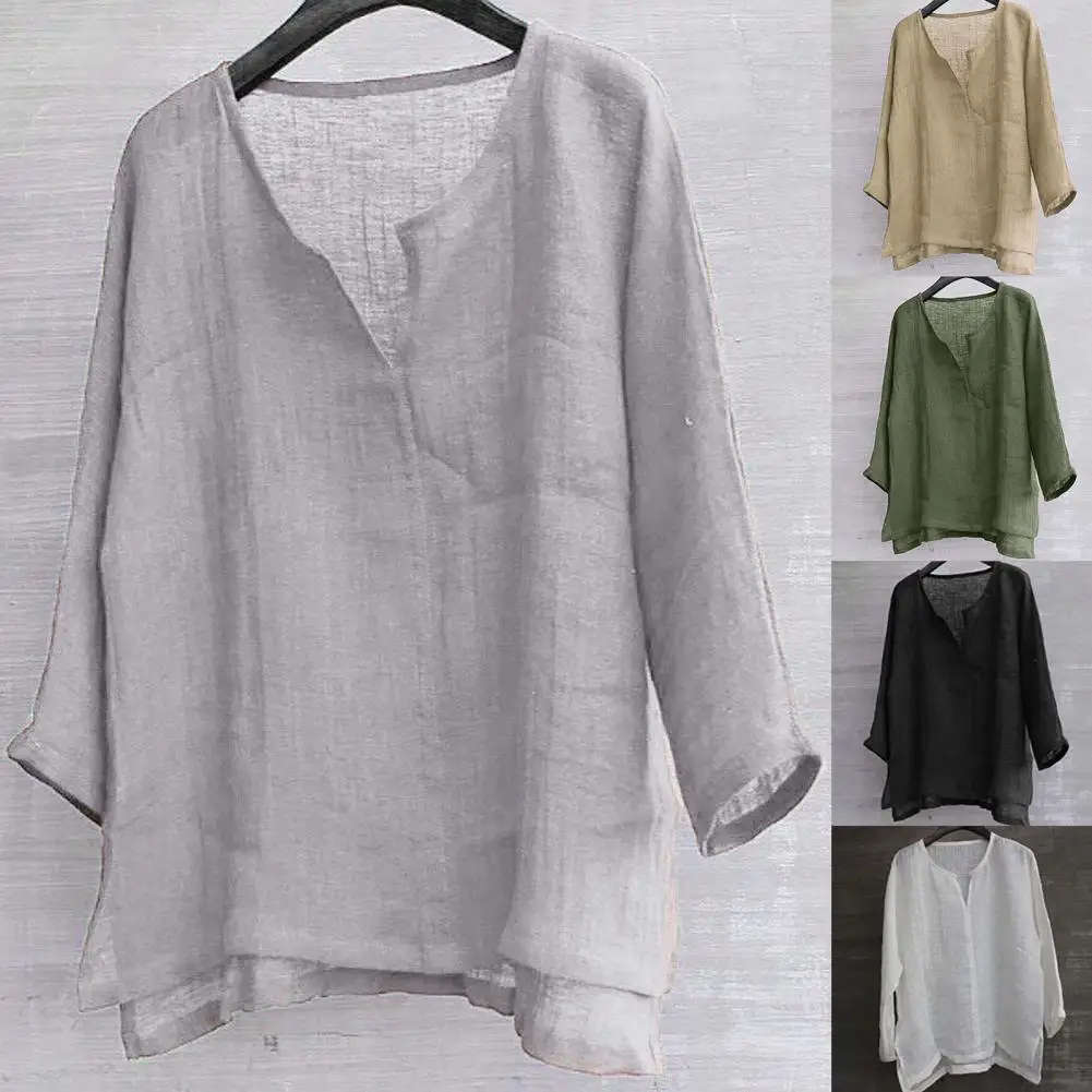 

Men Streetwear Loose Long Sleeve Thin V Neck Solid Color Shirt Beach Chinese Style Streetwear