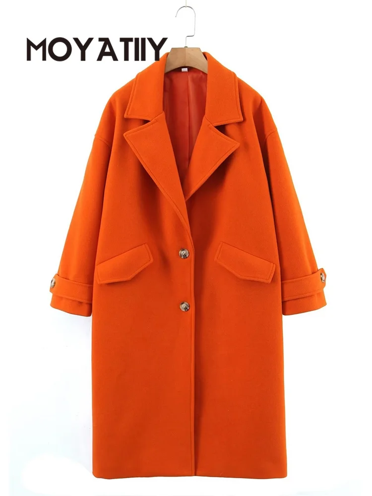 

MOYATIIY Women Winter Woolen Coat Fashion Vintage Long Sleeve Orange Long Coats Flap Pockets Female Outerwear