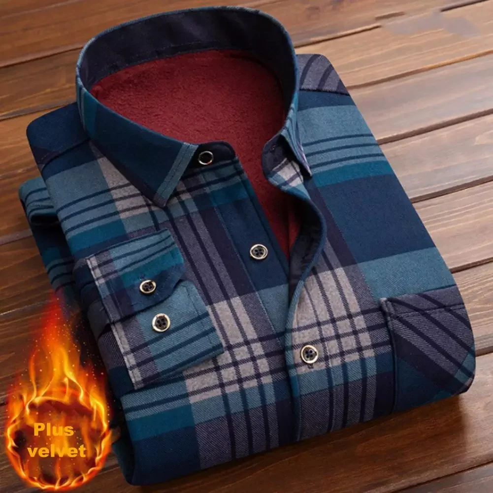 New2022 Sizes Autumn Fleece Shir For Men Single-breasted Plaid Thicken Warm Soft  Lapel Formal Cardigan Autumn Shirt for Daily W