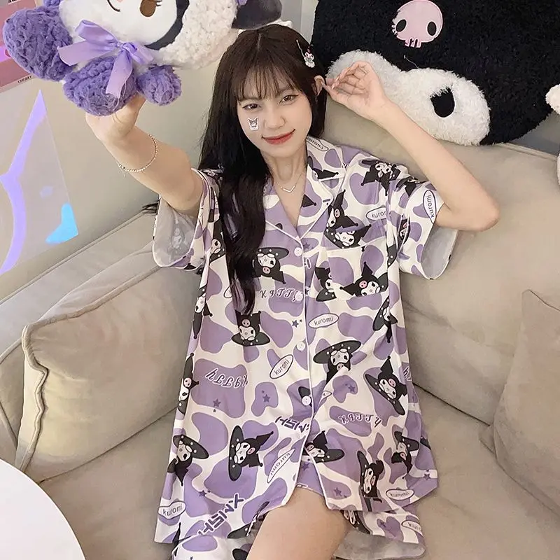

Sanrio Kuromi Pajamas Pochacco Cartoon Kawaii Summer Ice Silk Short Sleeved Stitch Lotso Loose Fitting Home Wear Soft Cloth Girl