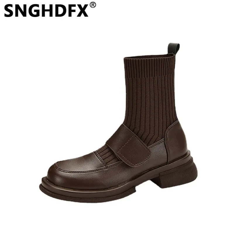 

Women Short Boots Knitted Leather Socks Shoes Platform Heels Female Fashion Slim Chunky Spring Autumn New British Style Non-slip