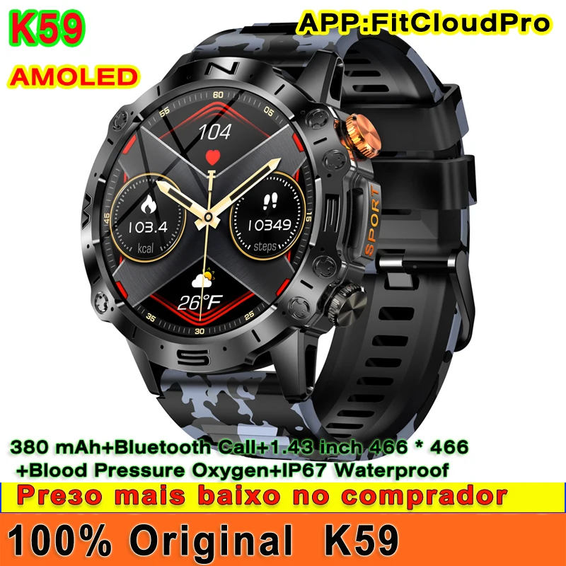 

Оригинальные мужские Смарт-часы K59 AMOLED 380 мАч фитнес-трекер с циферблатом Bluetooth звонки пульсометр IP67 водонепроницаемые спортивные Смарт-часы 100 +