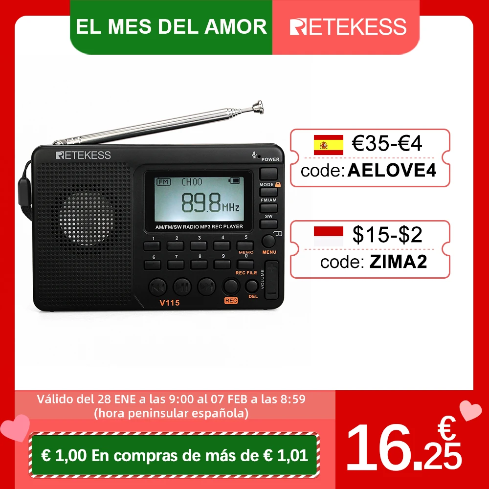 Gravador de Sono Retekess sw Rádio Digital Receptor Portátil Backlight Display Lcd Suporte tf Cartão Rec Tempo V115 fm – am