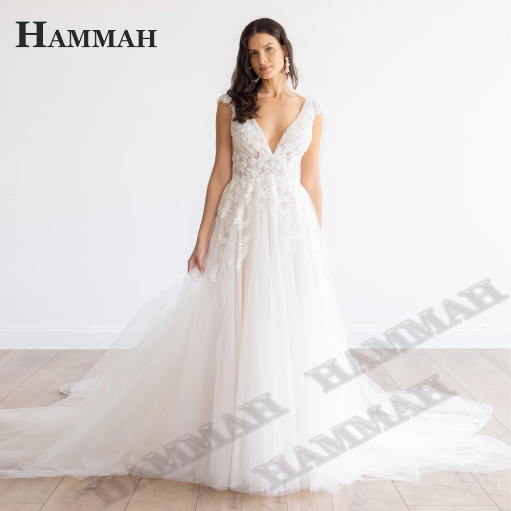 

HAMMAH Classic Wedding Dresses A Line Backless Court Train Sleeveless V Neck Vestidos De Novia Appliques Tulle Made To Order