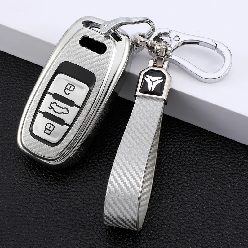 

For Audi A1 A3 A4 A5 A6 A7 A8 Quattro Q3 Q5 Q7 2009-2015 TPU Carbon Fiber Car Smart Key Case Cover Bag Fob Keychain