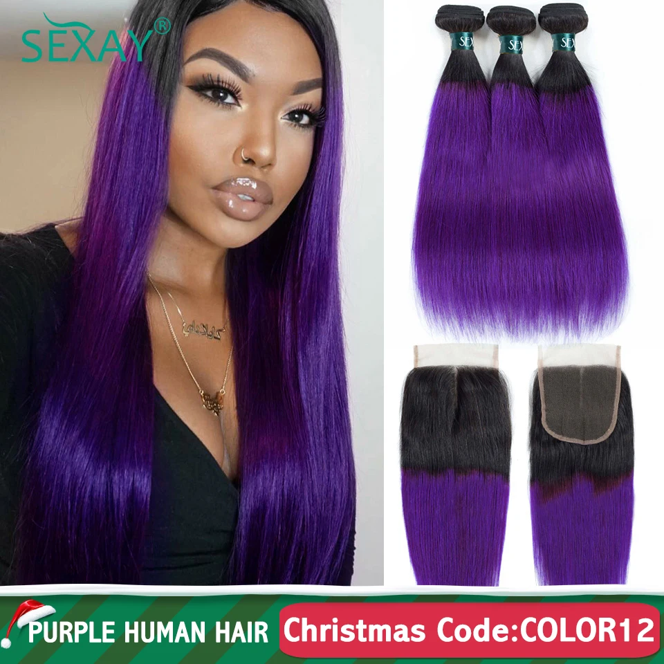 Sexay Ombre Bundles With Closure 2 Tone 1B Dark Purple Peruvian Straight Human Hair Weave 28 Inch Long Hair Bundles With Closure