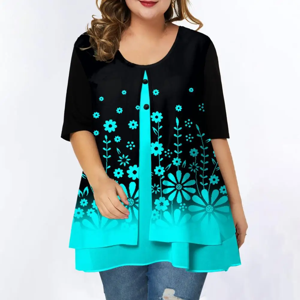 

4XL, 5XL Plus Size Blouse Women 2022 Shirt Floral Print Gradient Color Plus Size O Neck Spring Blouse plus size women clothing