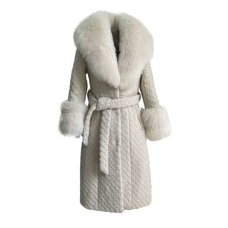 Whole Fur Fox Collar Tweed Coat Winter Long Lace-up Fur Jacket