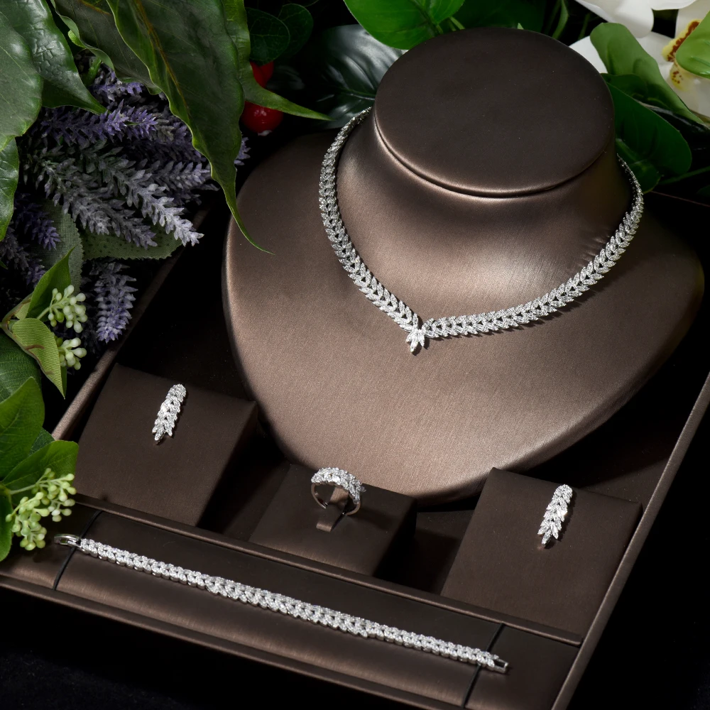 HIBRIDE Creative Leaf Deisgn Pendant Necklace Ring Sets White Color Cubic Zirconia Pave Jewelry Sets for Women Bridal S-029