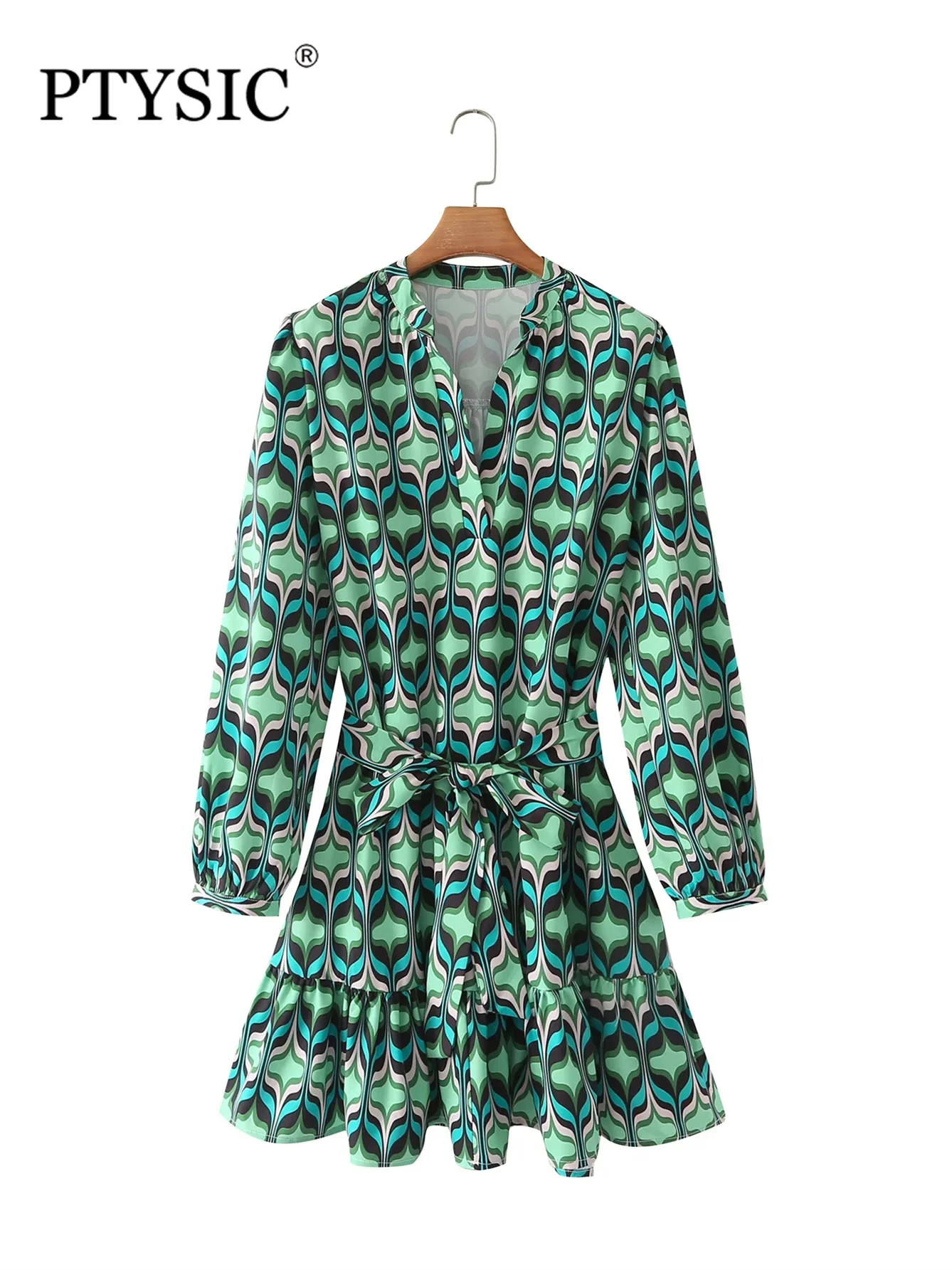 

Стильное женское мини-платье с принтом и длинным рукавом, летнее повседневное плиссированное платье с поясом и воротником-стойкой, 2022