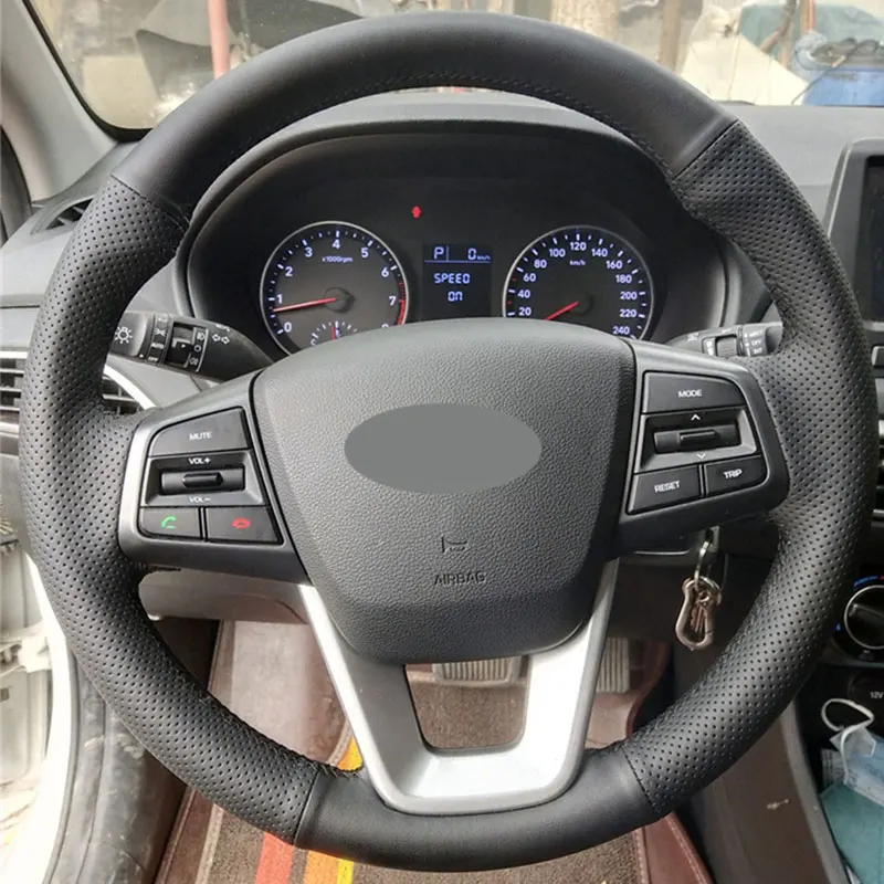 

Perforated Leather Cover For Hyundai ix25 2014-2018 Creta 2016 Elantra 2017 ix35 2018 Hand Sewing Car Steering Wheel Cover Trim