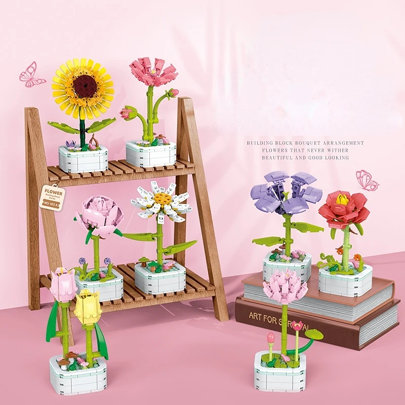 

Букет цветов в гранулах, строительный блок, кирпичи для горшечных растений, набор цветов «сделай сам», игрушки, подарок для девочки, Детская имитация розы, украшение для дома